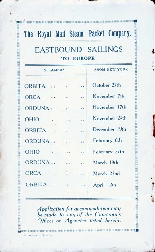 Eastbound Sailings to Europe, from 27 October 1923 to 12 April 1924.