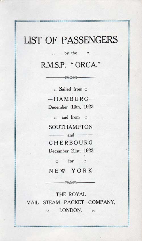 Title Page, SS Orca Cabin Passenger List, 19 December 1923.