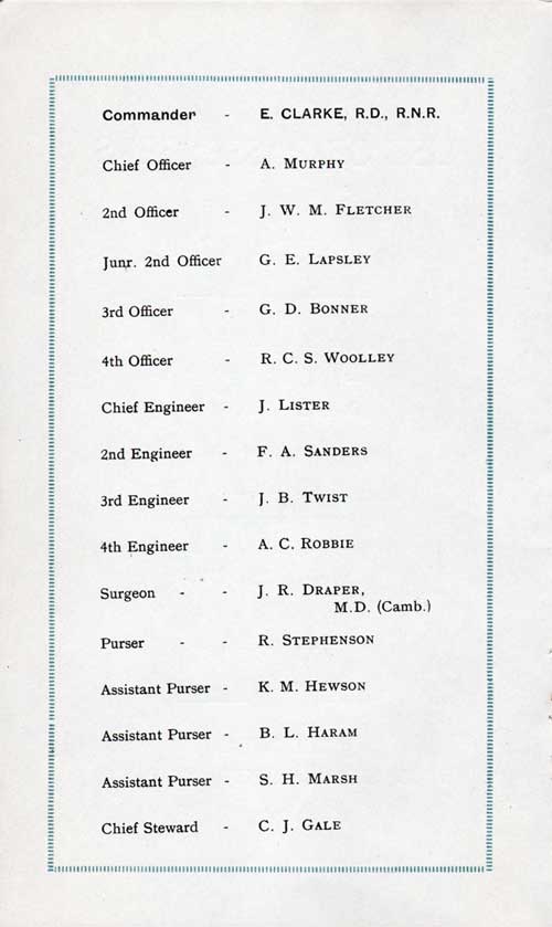 List of Senior Officers and Staff on the SS Orca for the Voyage of 19 December 1923.