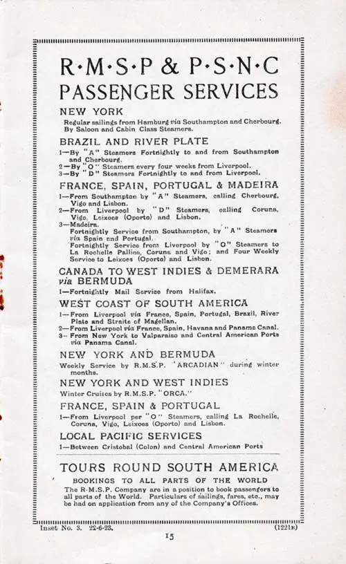 RMSP and PSNC Passenger Services and Tours Around South America. Inset No. 3. 27 June 1923.