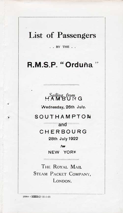 Title Page. SS Orduña Passenger List, 28 July 1922.