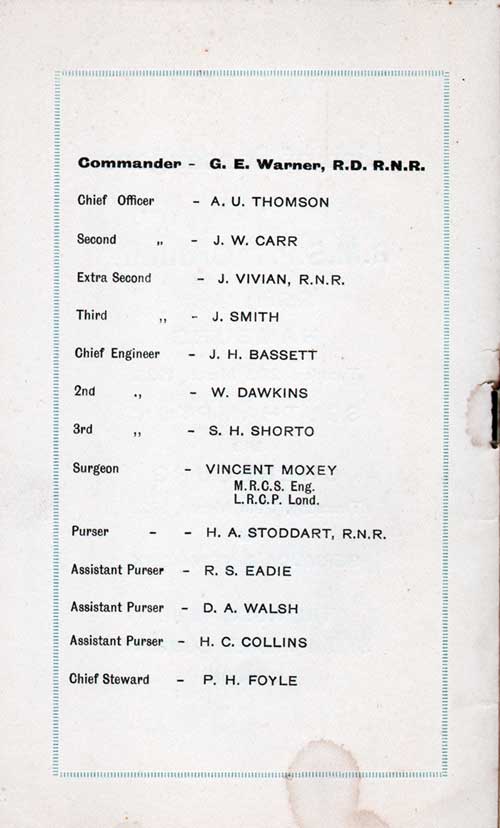 List of Senior Officers and Staff on the SS Orduña Voyage of 27 March 1923.