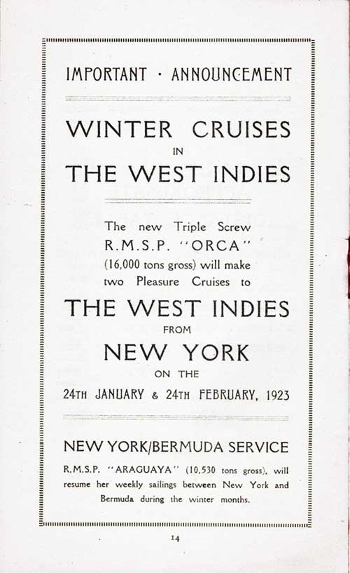 Advertisement: Winter Cruises in the West Indies and Sailings Between New York and Bermuda, 1923.
