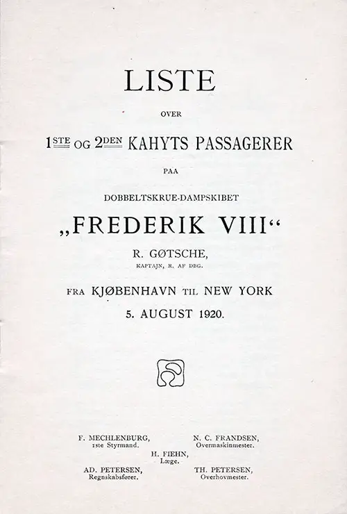 Title Page Including Senior Officers, SS Frederik VIII Cabin Passenger List, 5 August 1920.