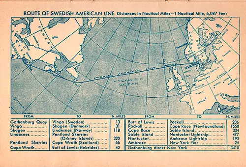 Route Map of Swedish American Line with Distances in Nautical Miles. SS Gripsholm Passenger List, 21 June 1950.