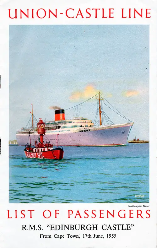 Front Cover, Union-Castle Line RMS Edinburgh Castle First and Cabin Class Passenger List - 17 June 1955.
