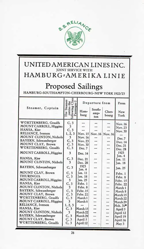 Sailing Schedule, Hamburg-Southampton-Cherbourg-New York, from 15 November 1922 to 3 May 1923.