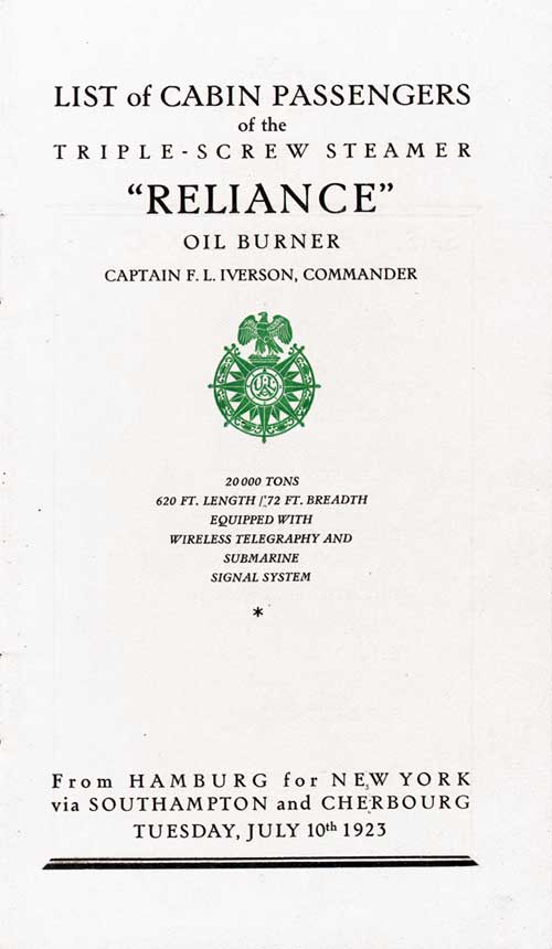Title Page, SS Reliance Cabin Passenger List, 10 July 1923.