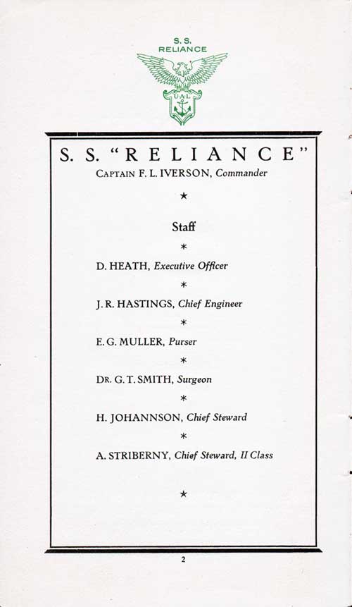 List of Senior Officers and Staff on the SS Reliance Voyage of 10 July 1923.