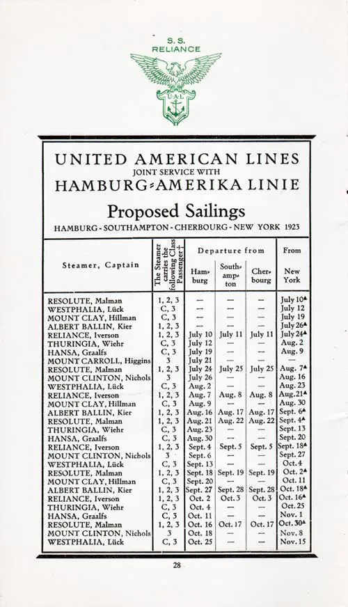 Sailing Schedule, Hamburg-Southampton-Cherbourg-New York, 10 July 1923 to 15 November 1923.