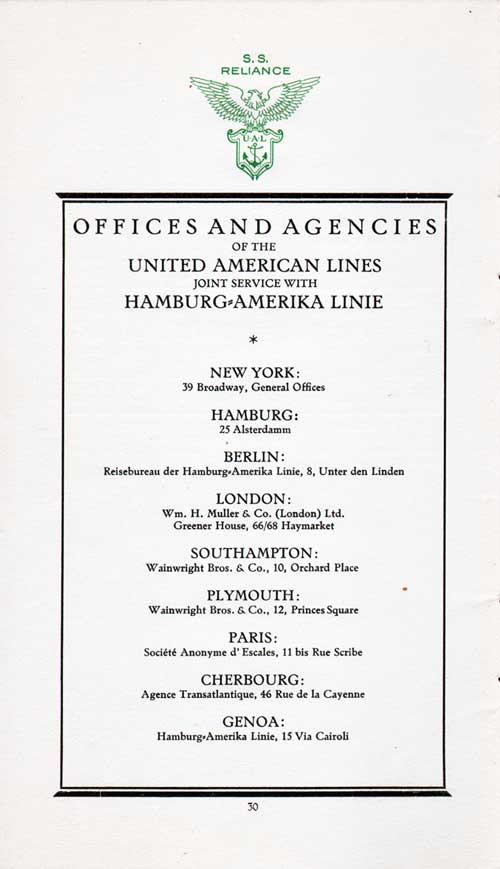Offices and Agencies of the United American Lines Joint Service with Hamburg-Amerika Linie.