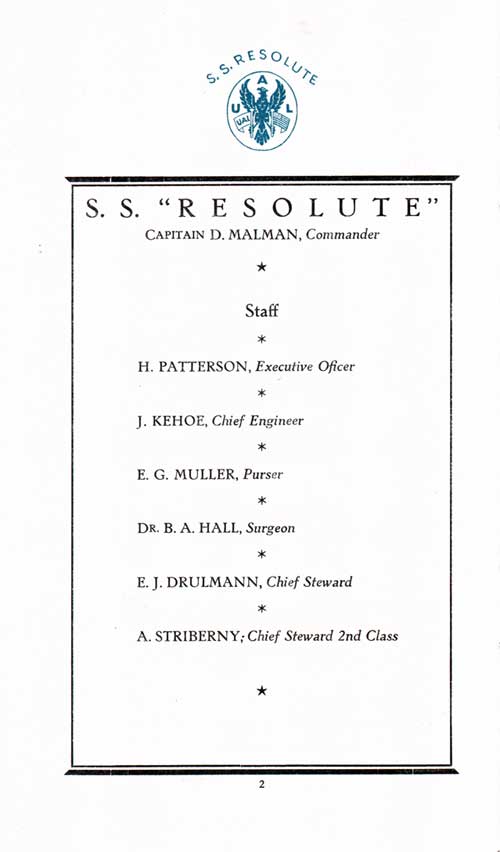 Senior Officers, SS Resolute Voyage of 5 September 1922.