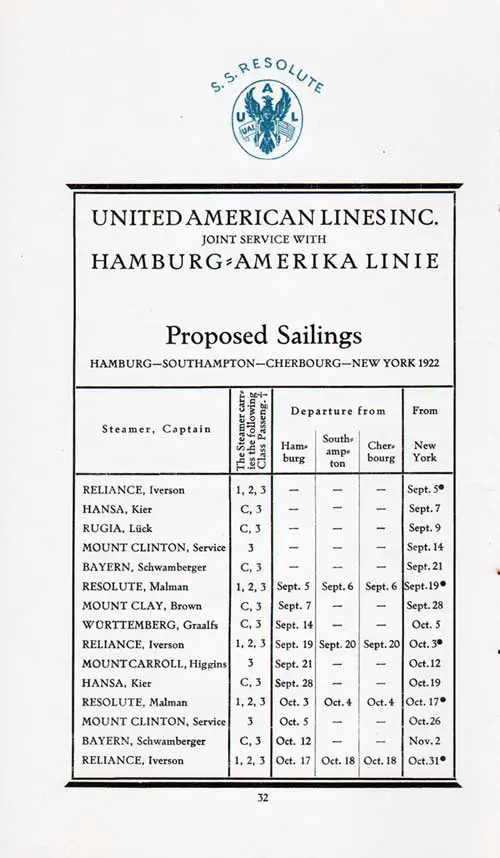 Sailing Schedule, Hamburg-Southampton-Cherbourg-New York, from 5 September 1922 to 31 October 1922.