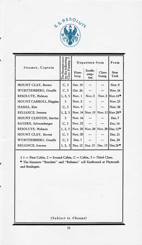 Sailing Schedule, Hamburg-Southampton-Cherbourg-New York, 19 October 1922 to 26 December 1922.