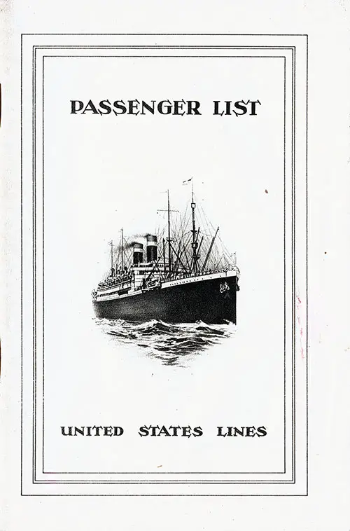 Front Cover, Passenger List, United States Lines SS America, 5 August 1925