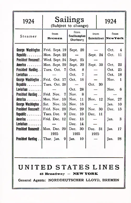 Sailing Schedule, Bremen-Southampton-Cherbourg-Queenstown (Cobh)-New York, from 19 September 1924 to 28 January 1925.