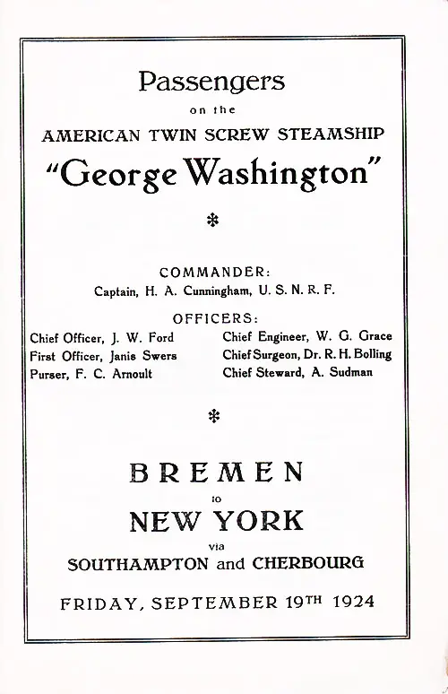 Title Page Including a List of Senior Officers and Staff, SS George Washington Cabin Passenger List, 19 September 1924.