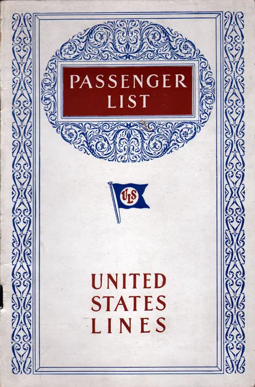 Front Cover, Passenger List, SS Leviathan, August 1929, United States Lines