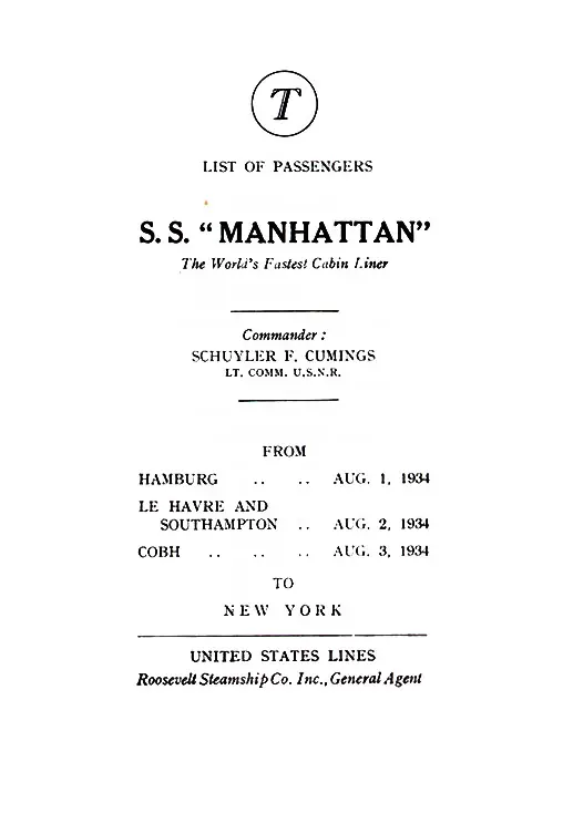 Title Page, SS Manhattan Passenger List, 1 August 1934.