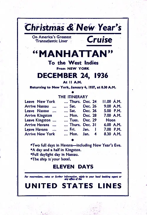 Christmas & New Year's Cruise On America's Greatest Transatlantic Liner SS Manhattan to the West Indies from New York 24 December 1936.