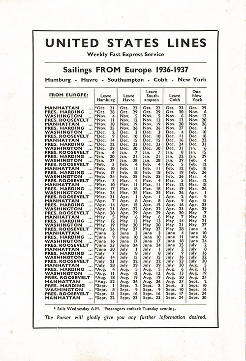 Sailing Schedule, Hamburg-Le Havre-Southampton-Cobh-New York, From 21 October 1936 to 30 September 1937.