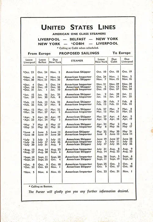 Sailing Schedule, Liverpool-Belfast-New York and New York-Cobh-Liverpool, 10 October 1936 to 15 November 1937.
