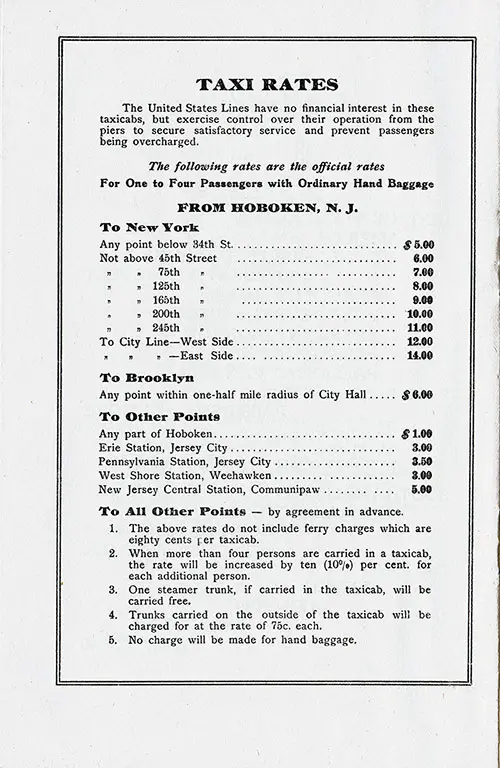 Taxi Rates, from Hoboken, NJ to New York, Brooklyn, Other Points, All Other Points, 1923.
