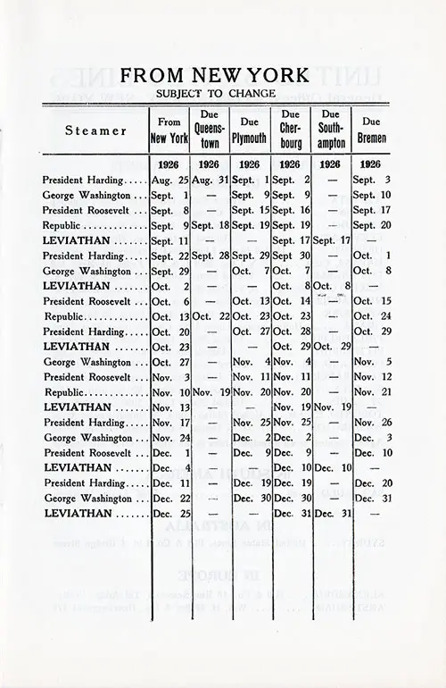 Eastbound Sailing Schedule, New York-Queenstown-Plymouth-Cherbourg-Bremen, from 25 August 1926 to 31 December 1926.