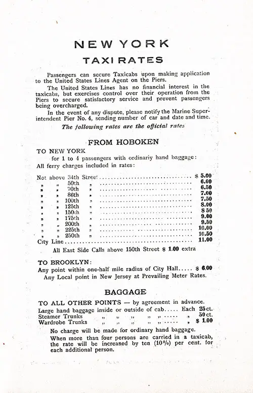 New York Taxi Rates from Hoboken to New York, Brooklyn, and All Other Points, 1927.