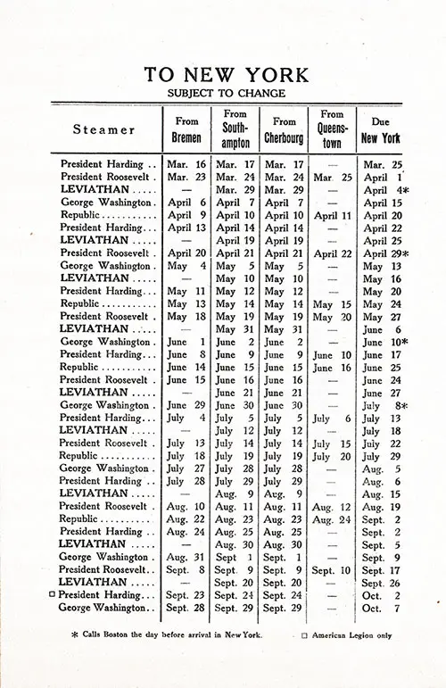 Westbound Sailing Schedule, Bremen-Southampton-Cherbourg-Queenstown (Cobh)-New York, from 16 March 1927 to 7 October 1927.