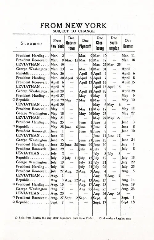 Eastbound Sailing Schedule, New York-Queenstown (Cobh)-Plymouth-Cherbourg-Southampton-Bremen, from 2 March 1927 to 18 September 1927.