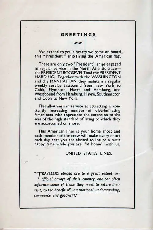 Greetings, SS President Roosevelt Passenger List, 31 August 1938.