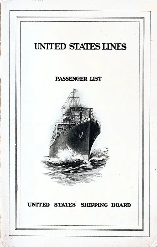 Front Cover, Passenger List, United States Lines SS President Van Buren, 18 July 1923