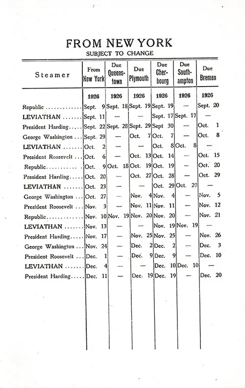 Sailing Schedule, USL Steamers from New York, from 9 September 1926 to 20 December 1926.