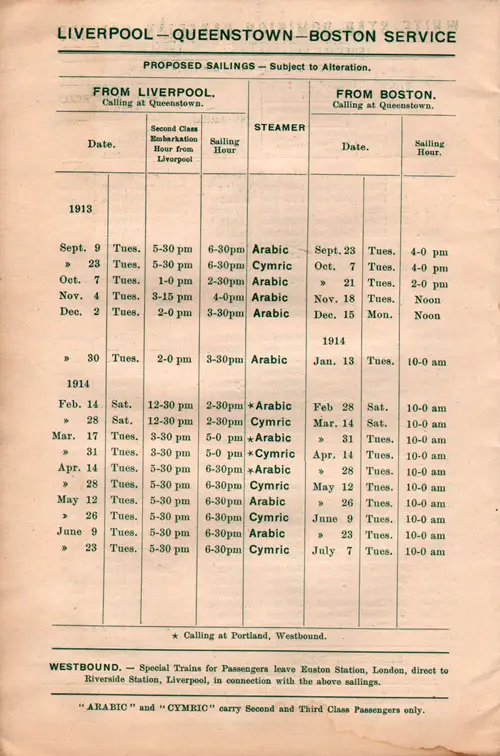 Sailing Schedule, Liverpool-Queenstown (Cobh)-Boston, from 9 September 1913 to 7 July 1914.