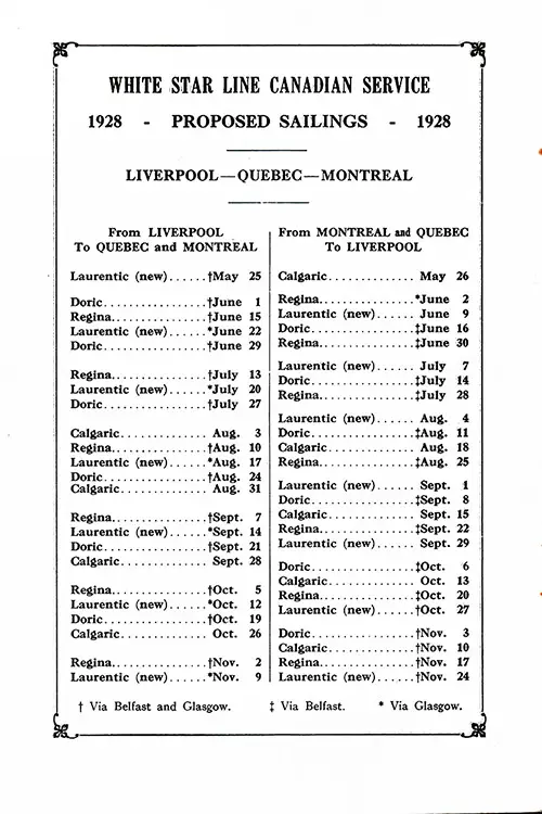Sailing Schedule, Liverpool-Quebec-Montreal, from 25 May 1928 to 24 November 1928.