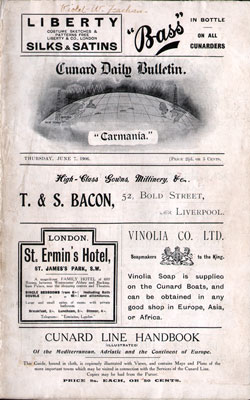 Passenger List, SS Carmania, Cunard Line, June 1906, New York to London 
