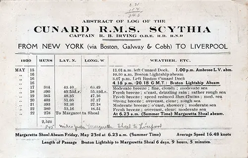 Abstract of Log of the Cunard RMS Scythia from New York and Boston to Liverpool via Galway and Cobh, 15 May 1930.