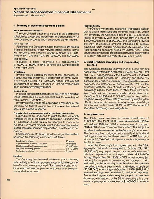 Piper Aircraft Corporation, First Page of 3 of Notes to Consolidated Financial Statements for the Fiscal Years Ended 30 September 1976 and 1975.