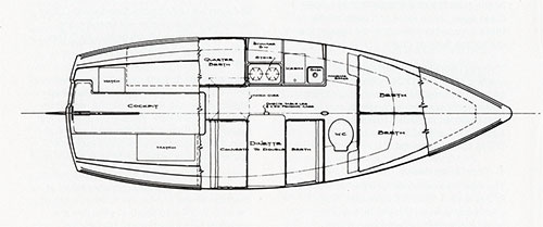 Schematic of the New 1971 O'Day 23 Sailboat, View from the Top. Manufactured by O'Day, a Bangor Punta Company.