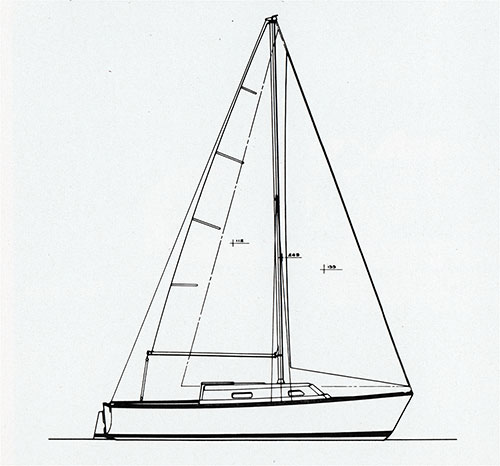 Schematic of the New 1971 O'Day 23 Sailboat, Side View. Manufactured by O'Day, a Bangor Punta Company.