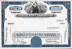 Front Side of Specimine Common Stock Certificate of the Bangor Punta Corporation, CUSIP 060221 10 8.