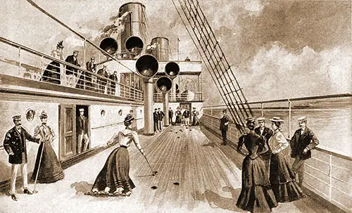 Passengers Enjoy a Game of Suffleboard on a Hamburg-American Line Twin-Screw Express Steamer.