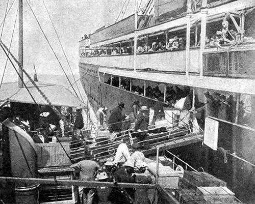 Steerage Passengers Embarking from a Tender onto an Ocean Liner of the Norddeutscher Lloyd circa 1903.