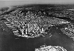 Aerial View of New York City and Vicinity. Hudson River at Left; East River at Right.