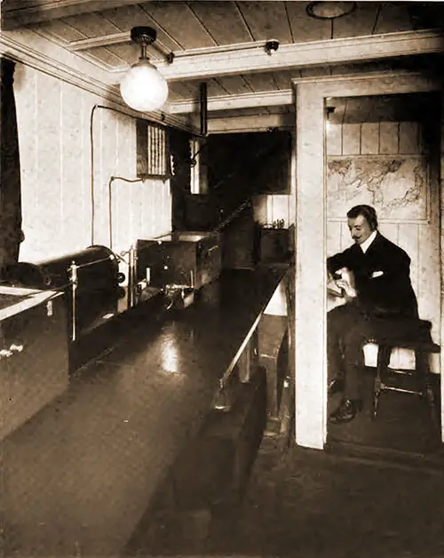 View of the Marconi Room on a Cunard Line Ocean Liner circa 1910.
