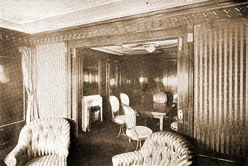 View of Dining Room Seen from the Drawing Room of Regal Suite on the RMS Mauretania, 1907.