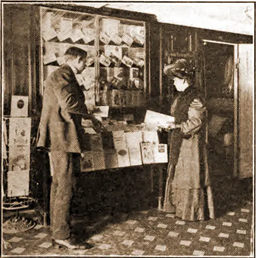 Passengers Browse the Books & Brochures Kiosk on a Steamship.