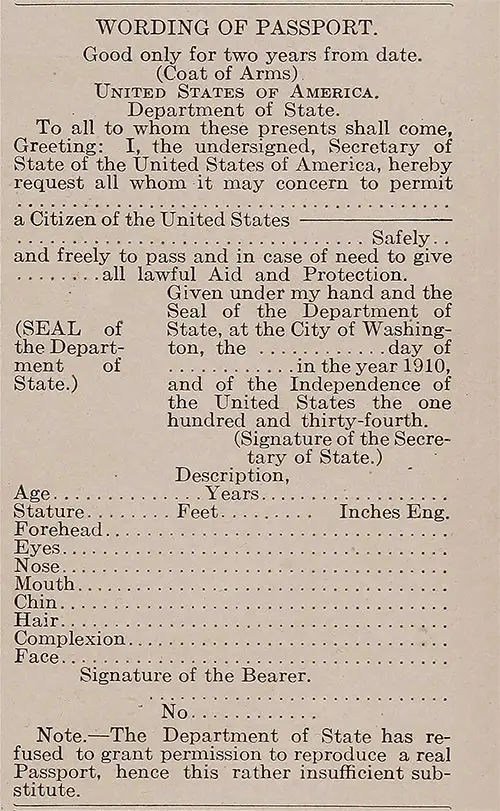 Wording of United States Passport, 1910.
