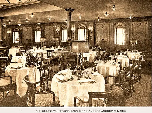 First Class Ritz-Carlton Restaurant on a Hamburg-American Steamship circa 1910.